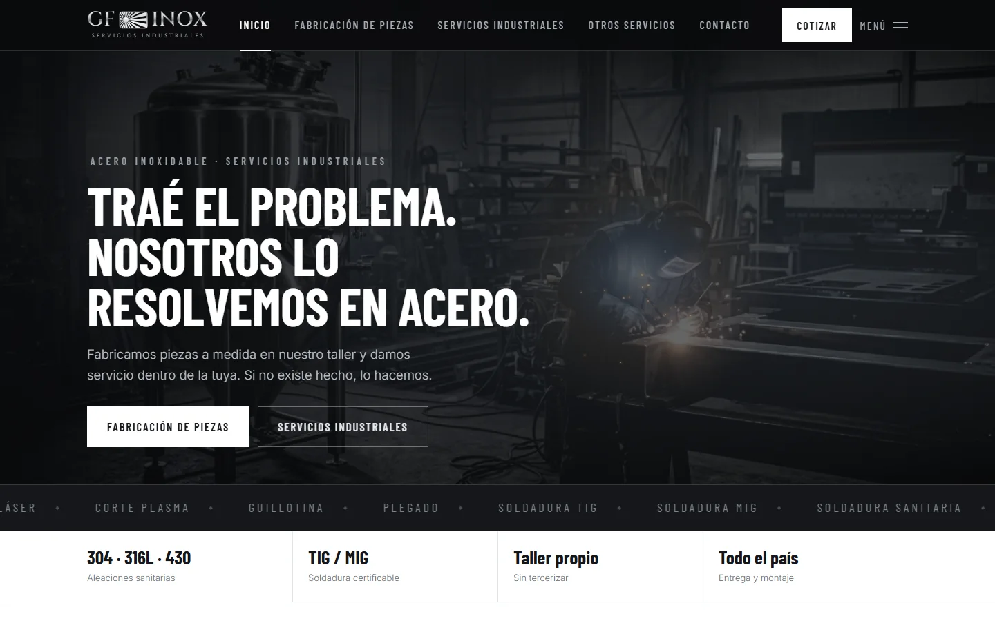Portada del sitio de GF Inox en computadora: «Traé el problema. Nosotros lo resolvemos en acero.»