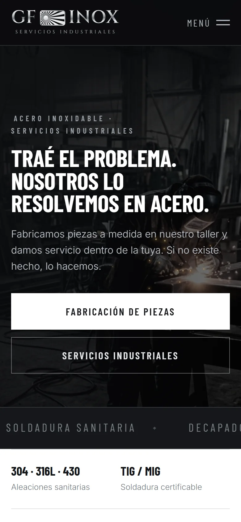 Portada del sitio de GF Inox en celular.