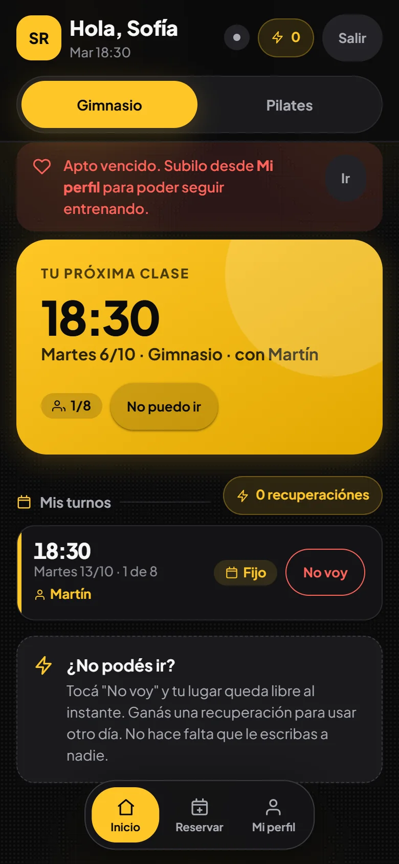 Pantalla de inicio de una alumna: próxima clase, mis turnos y botón «No voy».