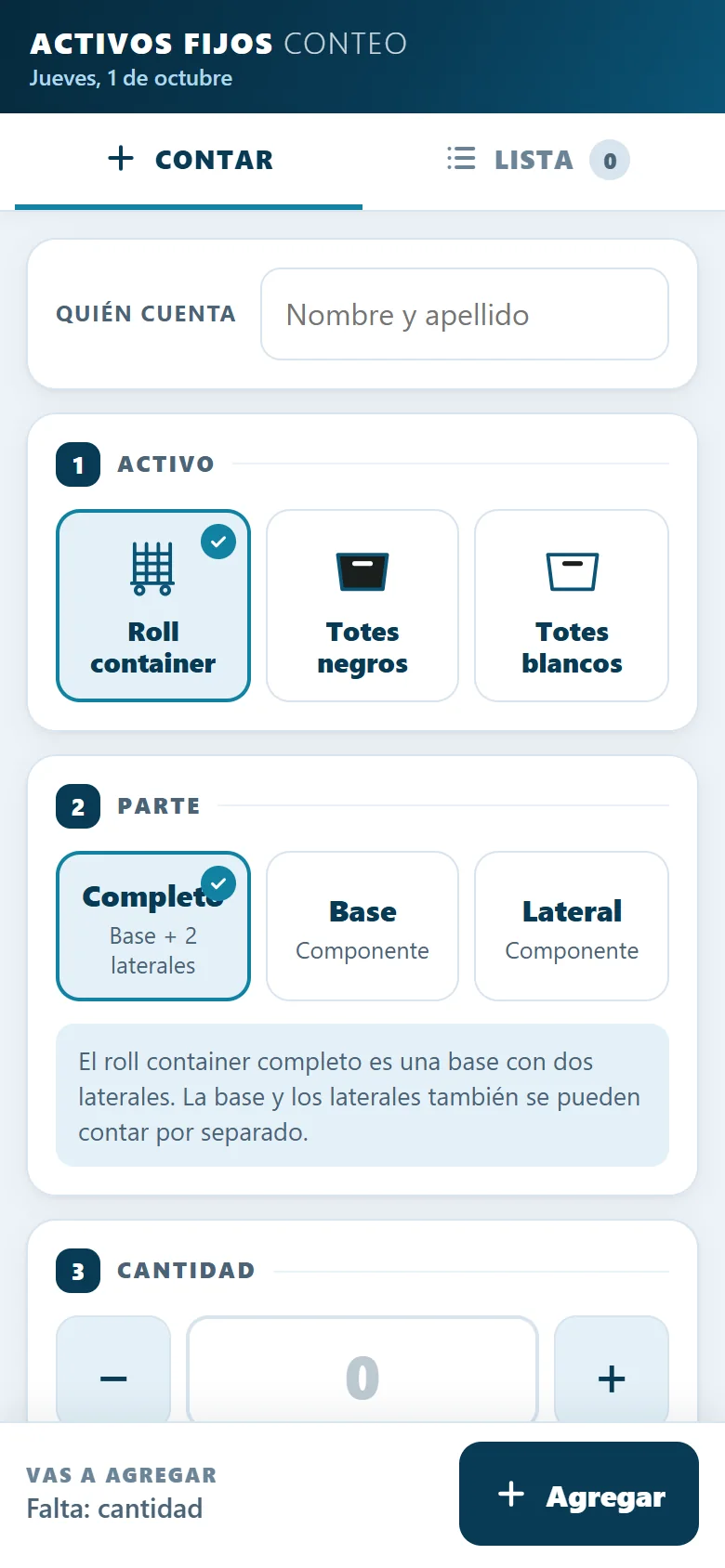 Herramienta de conteo de activos: elegir activo, parte y cantidad en tres pasos.