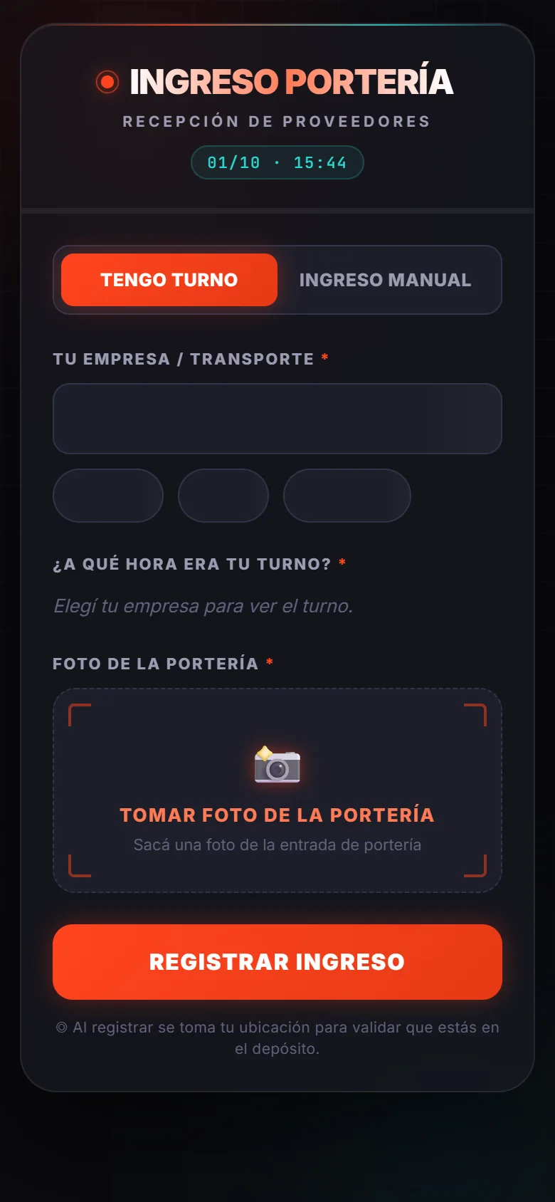 Herramienta de ingreso de proveedores: empresa, hora del turno y foto de la portería.